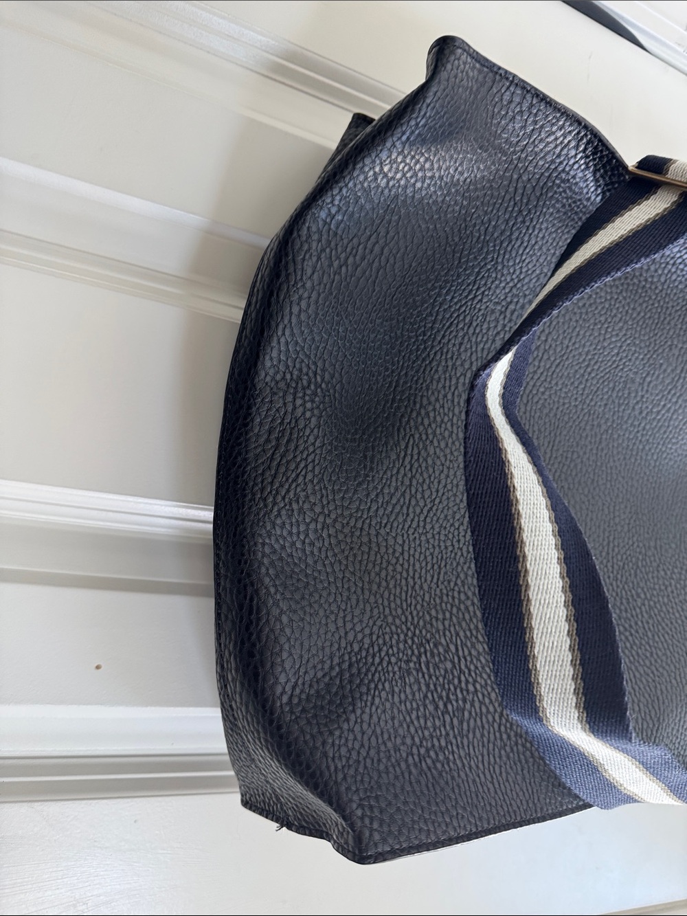 Barneys New York Black Pebble Leather Tote with Striped Navy-White Strap - Picture 4 of 10